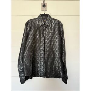 Manzini Men’s Medium Black Patterned Button Down Longsleeve Y2K 2000s